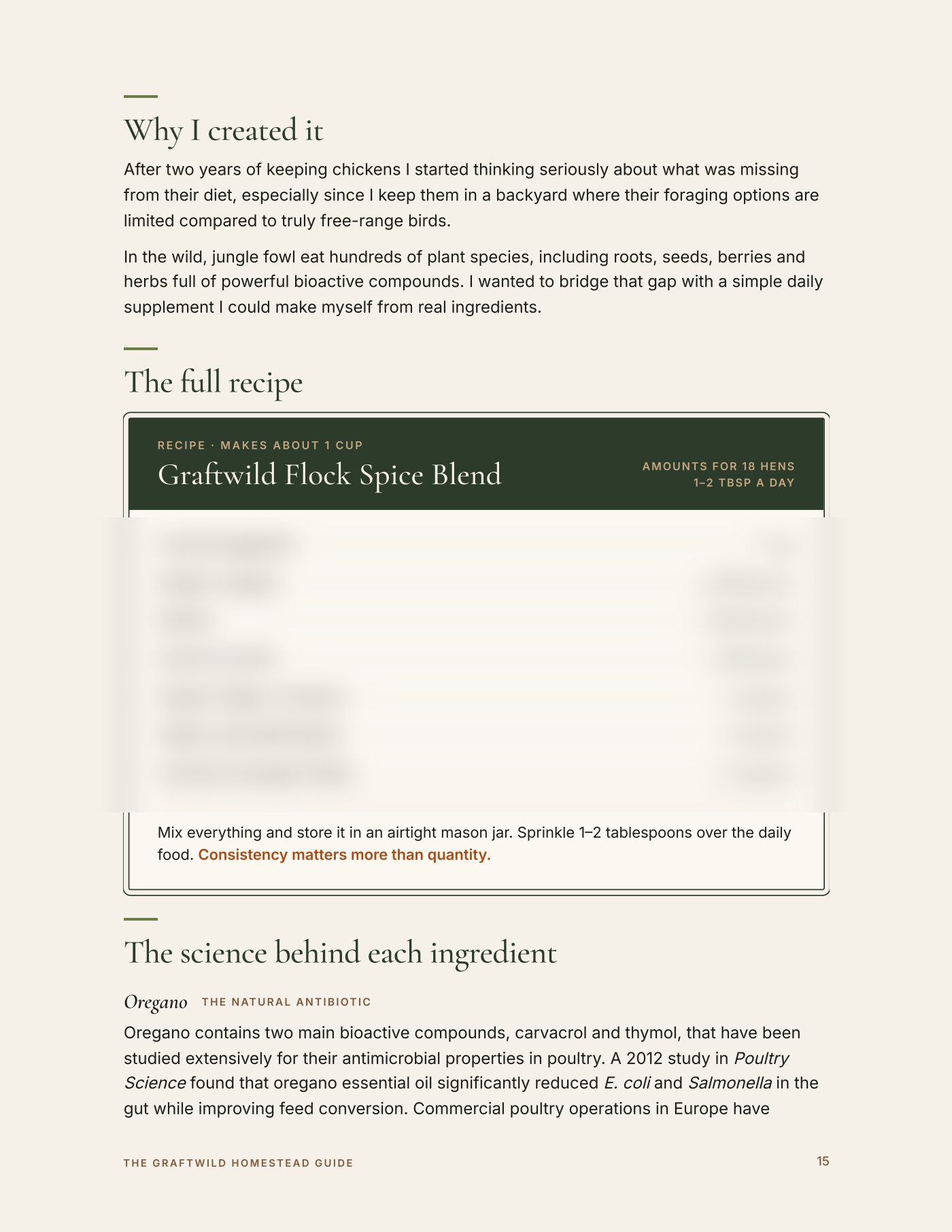 The spice blend recipe page, amounts blurred
